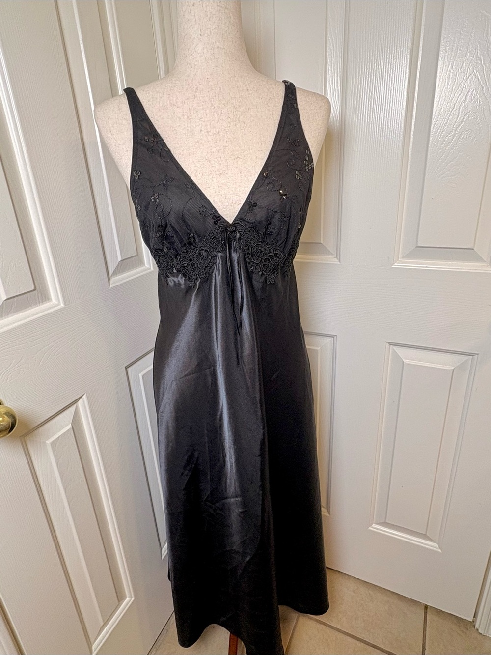 Vintage Y2K California Dynasty Black Satin Lace Slip Dress Whimsigoth Small